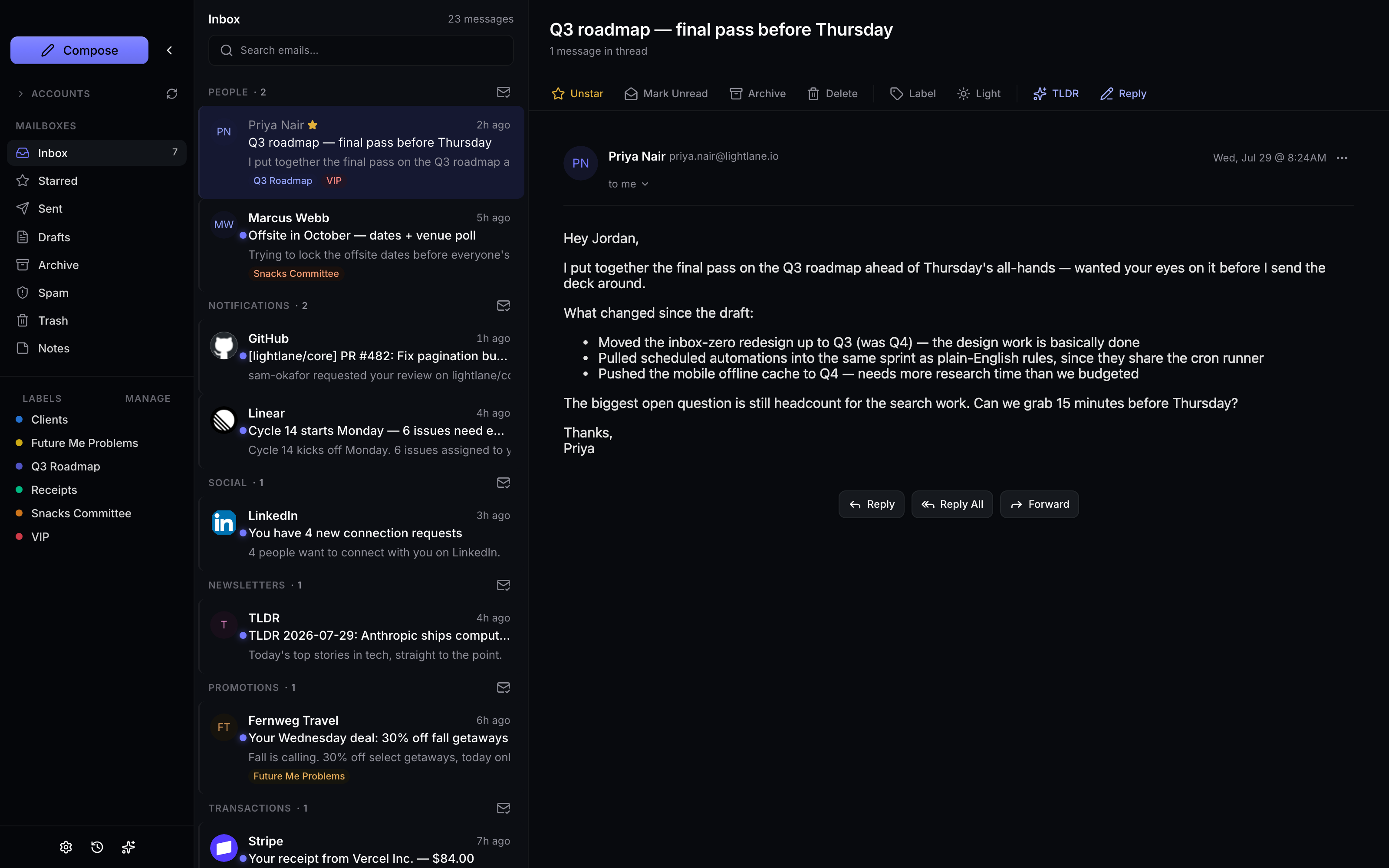 Conduit Mail three-panel inbox: folder sidebar, mail list grouped into People, Notifications, Social, Newsletters, Promotions and Transactions, and an open thread in the reading pane